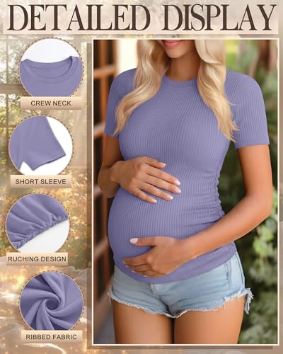 Ficerd 3 Pack Women's Short Sleeve Maternity Shirts - color: Lavender Purple, Light Pink, Bright Yellow, size: Large