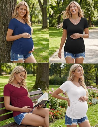 Ekouaer Maternity Shirts 4 Pack V Neck Pregnancy Clothes Summer Tops Tshirt - color: Black/Blue/Dark Red/White, size: Large