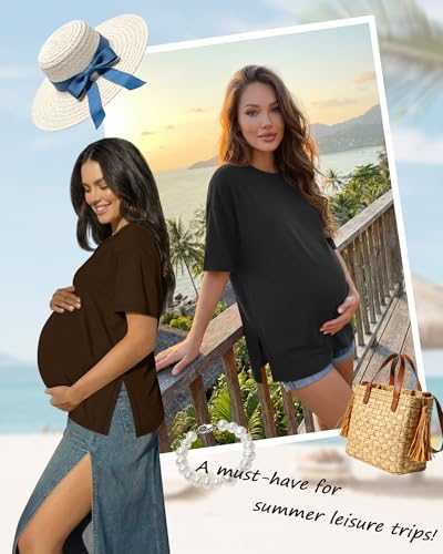Riyiper 4 Pack Women's Short Sleeve Maternity T Shirts - color: Black, Dark Coffee, Light Purple, Blue Green, size: X-Large