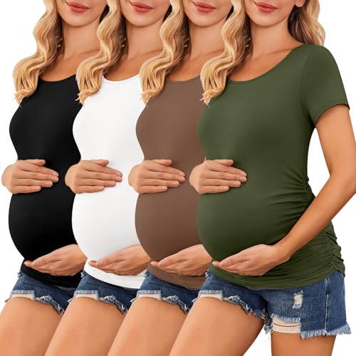 Ekouaer 3/4 Pack Womens Maternity Shirts Short Sleeve Pregnancy Tops - color: 4pcs Black / Brown / White / Army Green, size: Medium