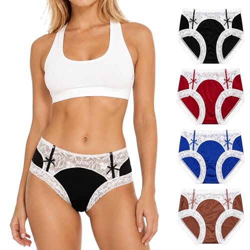 Womens High Waist Lace Panties Soft Breathable Ladies Hipster Panty Multi Cute Briefs 4 Pack - size: Large