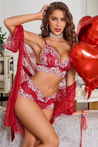 Avidlove Women 3 Piece Lingerie Set Lace Robe Bra Panty Mesh Sleepwear - color: Red and White, size: Medium