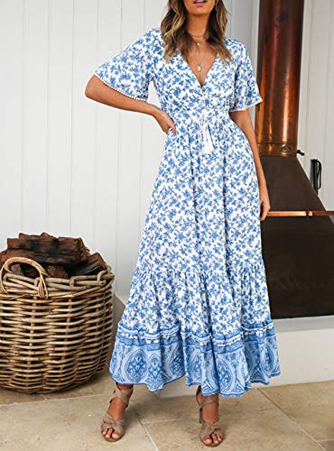 R.Vivimos Womens Summer V Neck Floral Print Boho Midi Dress - color: White, size: X-Large