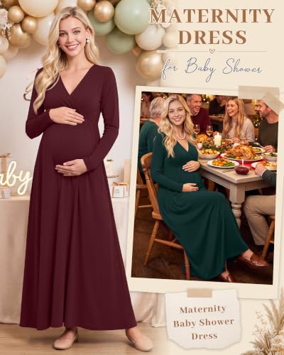 Neer 2 Pcs Maternity Maxi Dresses Long Sleeve Fall Nursing Dress - color: Burgundy, Blackish Green, size: Medium