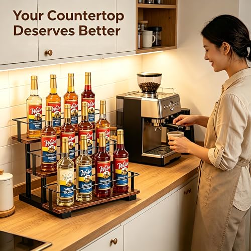 3-Tier Coffee Syrup Rack, Holds 12 Bottles, Rustic Wood & Metal - size: 12-bottle