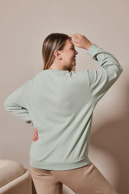 Maternity Sweatshirt Nursing Top Waffle Knit Breastfeeding Shirt with Zipper Pregnancy Mama Clothes Pullover - color: Green, size: Medium