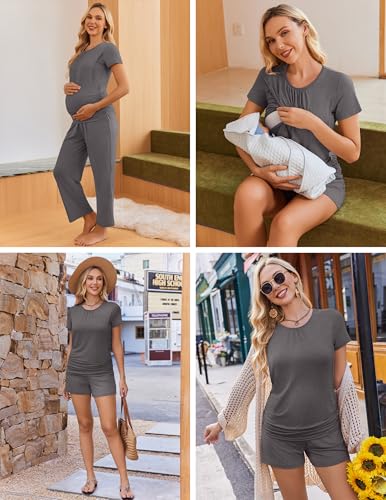Ekouaer Maternity Nursing Pajamas Set 3 Piece Postpartum Breastfeeding Pjs - color: Dark Gray, size: Large