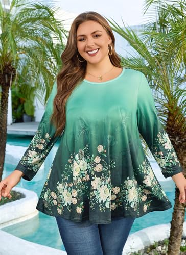 Plus Size Tops Womens Swing Tunic 3/4 Sleeve Flowy Long Blouses - color: Green Floral Tunics, size: Small