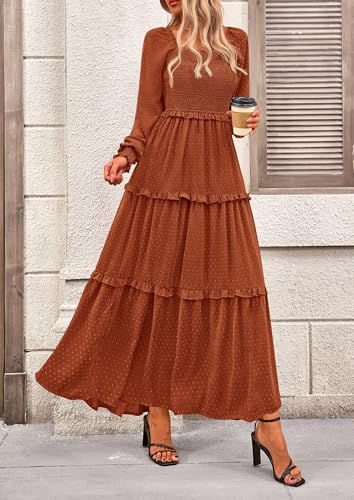 PRETTYGARDEN Women's Smocked Long Sleeve Maxi Dress Wedding Guest Dresses - color: Brown, size: Medium