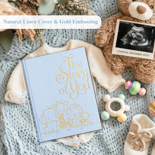 Lanpn Baby Memory Book for Boy Girl - The Story of You, Newborn Babys Book Keepsake Photo Album for New Parents, Linen Cover Baby First 5 Year Milestone Scrapbook Journal (Blue, 154 Pages) - color: Blue