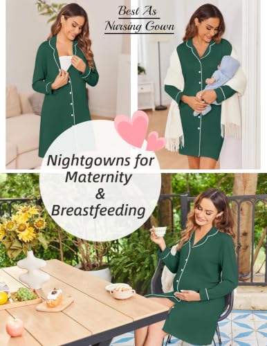Ekouaer Womens Nightgown Long Sleeve Nightshirt Soft Button Down Sleepshirt - color: Evergreen, size: Small