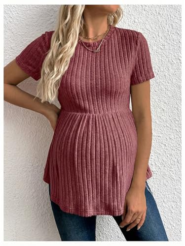 RoseSeek Women's Ribbed Knit Maternity T Shirt Short Sleeve Peplum Tops - color: Deep Red, size: Small
