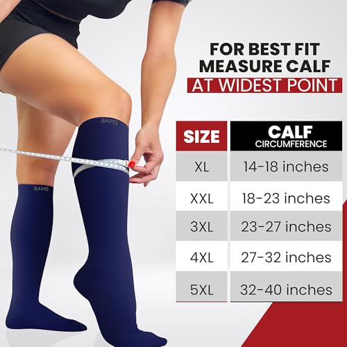 BAMS Plus Size Compression Socks Wide Calf XL XXL XXXL – Graduated Knee-High Support, Viscose from Bamboo Easy-On/Easy-Off - color: Navy, size: 3X-Large