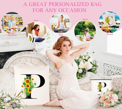 Andeiltech Initial Canvas Tote Bag Sunflower Letter Personalized Makeup Bag Monogrammed Gift for Bridesmaids Birthday Wedding - color: Sunflower Letter_p