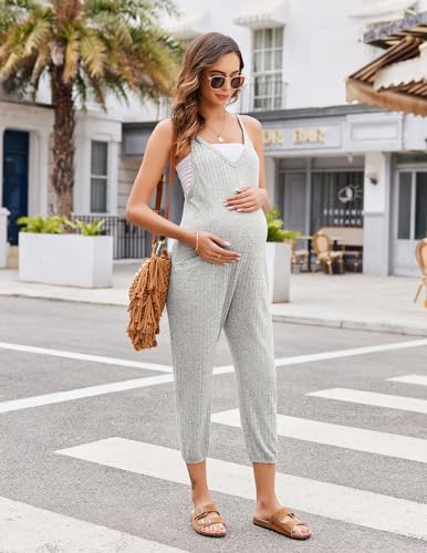 Jumpsuits for Women Summer V Neck Casual Overall Sleeveless with Pockets - color: Light Gray, size: Medium