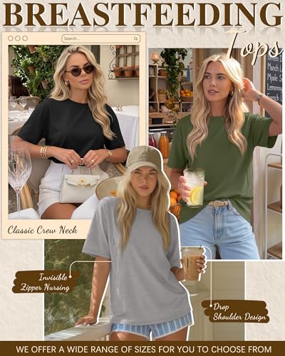 Riyiper 3 Pack Women's Nursing Short Sleeve Shirts - color: Army Green, Light Gray, Black, size: Large