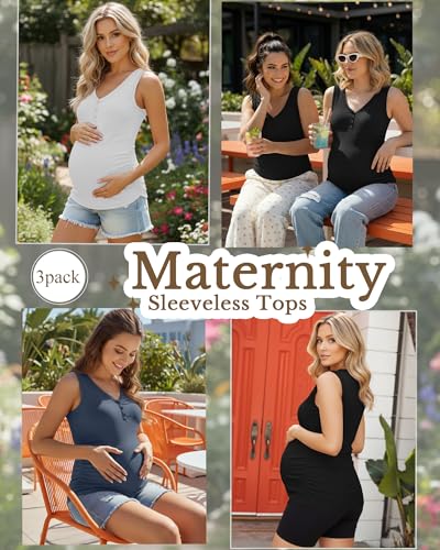 3 Pack Women Maternity Henley Tank Tops - color: Black, White, Haze Blue, size: Large