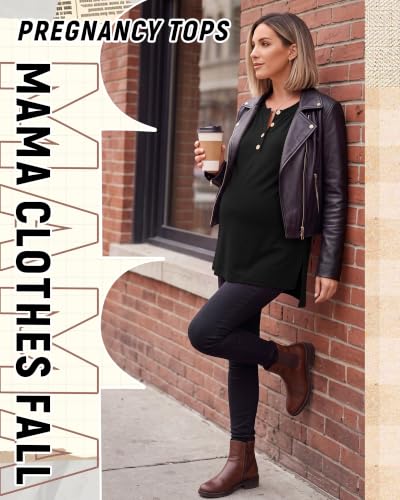 Ficerd Women Maternity Shirt Pregnant Long Sleeve Henley Top - color: Black, size: Large