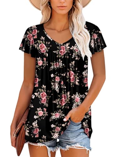 ROSELINLIN Womens Ruffle Sleeve Tunic Tops V Neck Loose Fit Short Sleeve Summer Shirts - color: A Ruffle Sleeve Red Rose, size: XX-Large