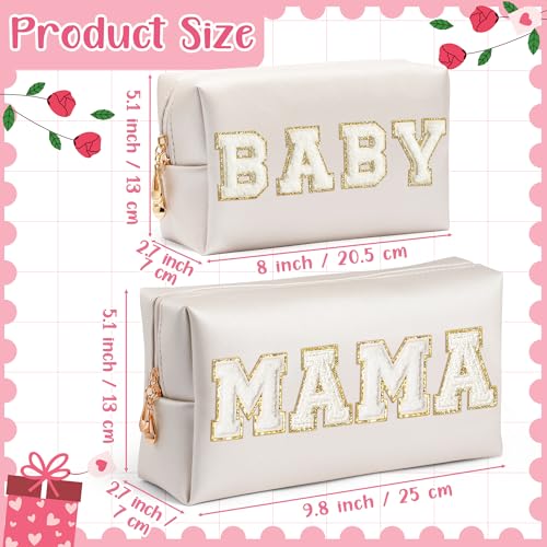 CY2SIDE MAMA Baby Letter Makeup Bag - 2PCS White MAMA and BABY Chenille Letter Patch Cosmetic Bag Pink PU Leather Patch Pouch Waterproof Portable Zipper Travel Organizer Case Gifts for Mom Women - color: Shell Gold, style: Mama+baby-white