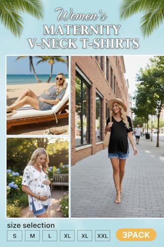 Ekouaer Maternity Shirts 3 Pack Oversized Pregnancy Tops Summer Clothes - color: 3 Pcs Black/ Grey/ White Flower, size: Large