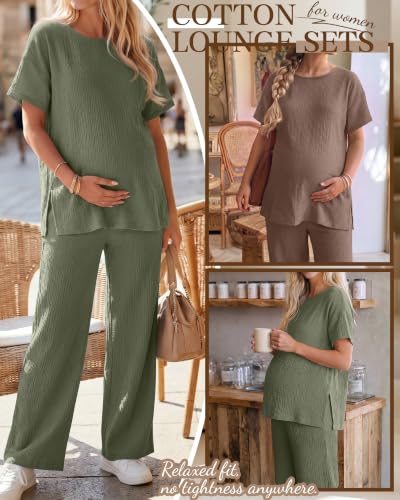 Ficerd 4 Pcs 100% Cotton Muslin Maternity Pajamas Lounge Sets - color: Army Green, Coffee, size: X-Large