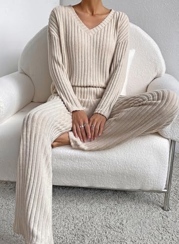 SHEWIN Women's Pajama Sets Ribbed Knit 2 Piece Lounge Sets - color: B Khaki, size: Small