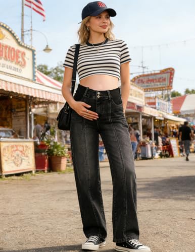 BLENCOT Women's Maternity Jeans High Waist Side Panel Wide Leg Denim Pants - color: Black, size: Large