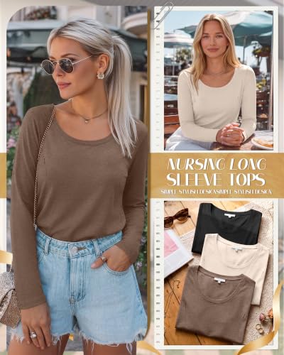 Huukeay 3 Pack Womens Nursing Tops Breastfeeding Shirts Zipper - color: Brown, Apricot, Black, size: Large