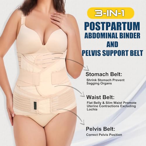 ChongErfei 3 in 1 Postpartum Belly Wrap Recovery Band Belt Abdominal Binder - color: Beige, size: S/M