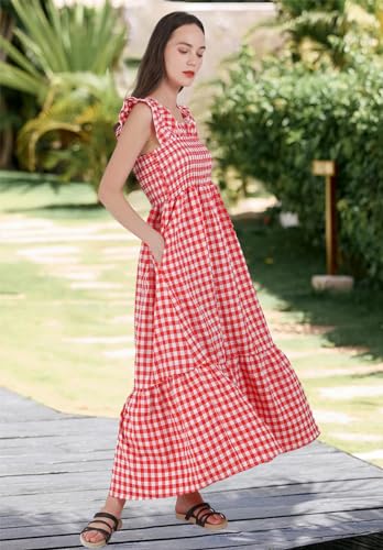 chouyatou Women's Retro Plaid Smocked Dress Spaghetti Strap Flounce Long Dress - color: Red, size: Medium
