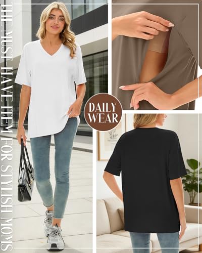 4 Pack Women's Oversize Nursing Tops - color: Light Brown, White, Light Gray, Black, size: Medium