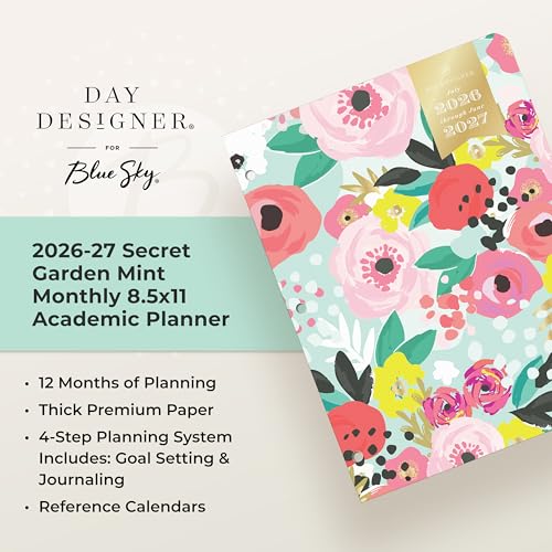 Blue Sky 2026-2027 Monthly Academic Planner, 8.5"x11", Secret Garden Mint