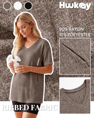 Huukeay 3 Pack Women's V Neck Nursing T-Shirts - color: Light Coffee, White, Black, size: X-Large