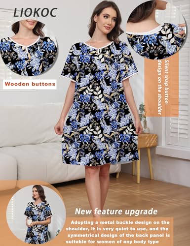 Hospital Gowns for Women Open Back Snap Post Shoulder Surgery Gown - color: Blue Flower, size: Medium
