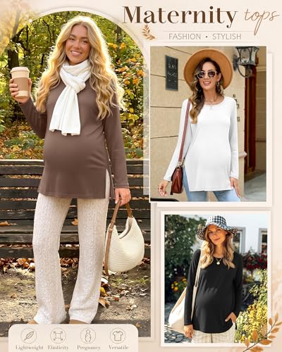 Riyiper 3 Pack Women Maternity Shirts Long Sleeve Pregnancy Tops - color: Black,coffee, White, size: Medium