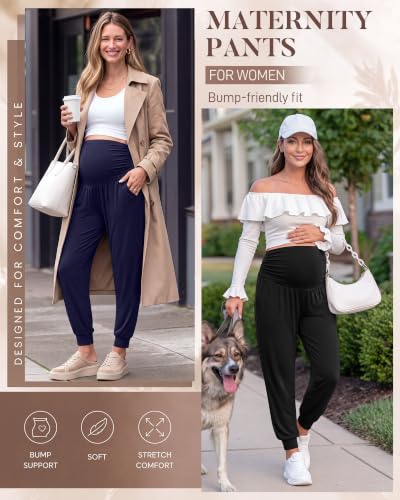 Neer 3 Pack Maternity Joggers Lounge Sweatpants with Pockets - color: Black, Dark Heather Gray, Navy Blue, size: X-Large