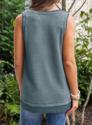 BLENCOT Tank Tops for Women Summer Boho Sleeveless Waffle Knit Shirts - color: Real Teal, size: Large