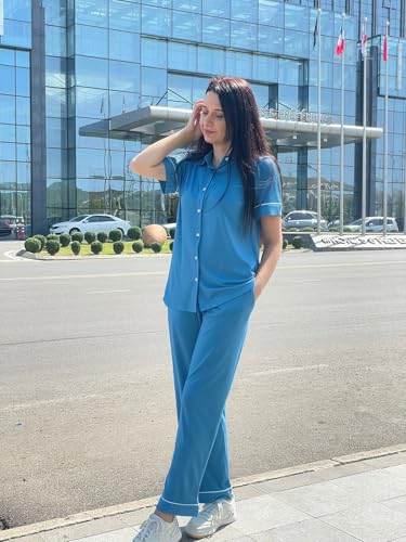Ekouaer Womens Pajama Sets 2 Piece Button Down Short Sleeve Pjs Set Soft Lounge Set with Long Pants S-XXL - color: Lake Blue, size: X-Large