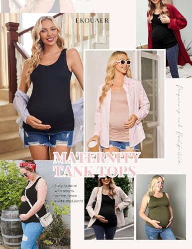 Ekouaer 3 Pack Women Maternity Tank Tops Summer Pregnancy Shirts - color: Black/Light Grey/White, size: Large