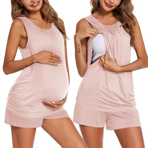 Ekouaer Nursing Pajamas Set Postpartum Tank Tops and Shorts - color: Pink, size: X-Large