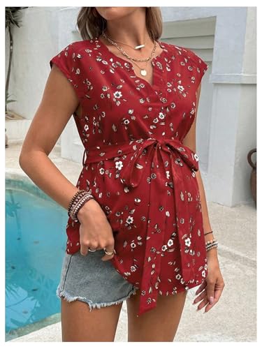 MakeMeChic Women's Maternity Blouse V Neck Cap Sleeve Belted Summer Shirt - color: Burgundy, size: Medium