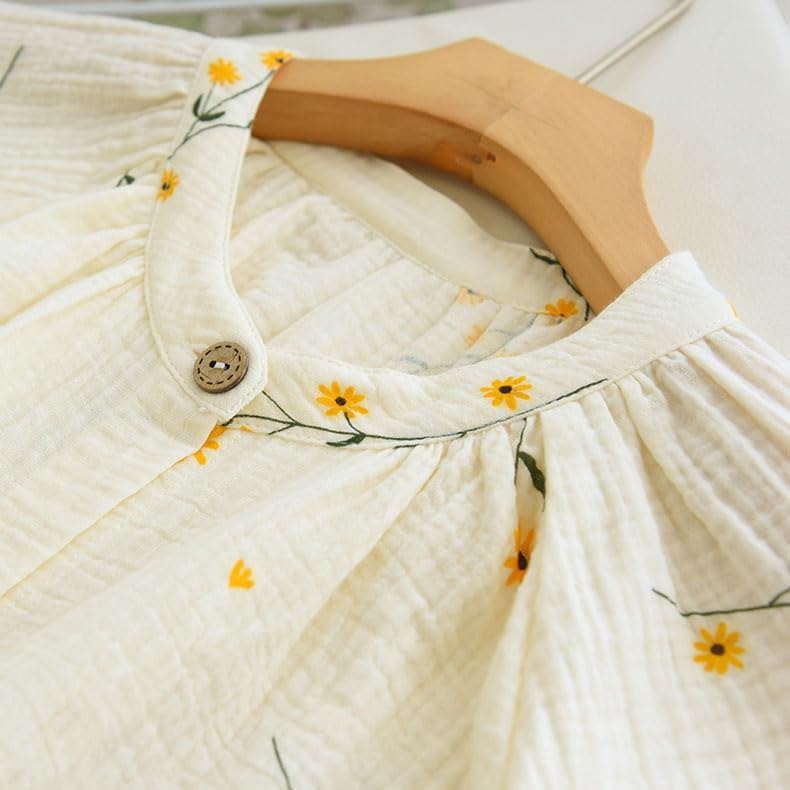 codcm Womens Cotton Gauze Pajama Sets Muslin Pj Set Crew Neck Button Down Sleepwear 2 Piece Lounge Set - color: Beige Flower, size: Small