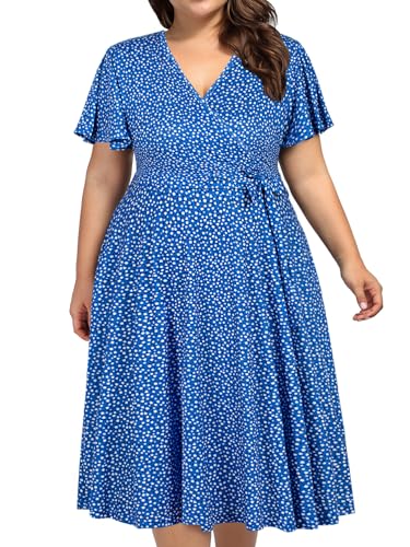 kissmay Plus Size Womens V Neck Floral Cocktail Party Midi Dresses - color: A-blue/White, size: 22 Plus