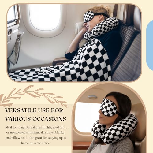 HunnmingRe 5 Pcs Travel Pillow Blanket Set, Airplane,Checkered,Black - color: Black, style: Checkered