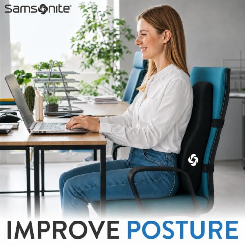 Samsonite Memory Foam Lumbar Support Pillow, Ergonomic Back Cushion for Office Chair, Gaming Chair, Automotive Full Back Support, Home Essentials for Sitting Comfort and Posture Relief, Black
