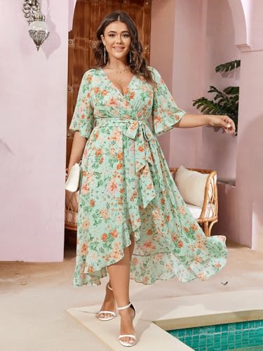 SCOMCHIC Women Plus Size Wedding Guest Maxi Dress - color: Green Floral, size: Large