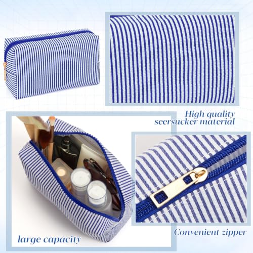 Sanwuta 6 Pcs Seersucker Cosmetic Bags Bulk, Striped Zippered,Navy Blue - color: Navy Blue