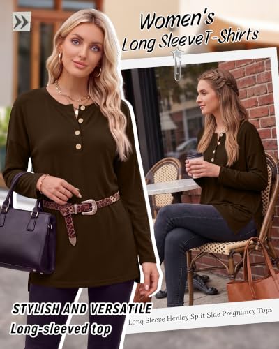 Ficerd Women Maternity Shirt Pregnant Long Sleeve Henley Top - color: Brown, size: Medium
