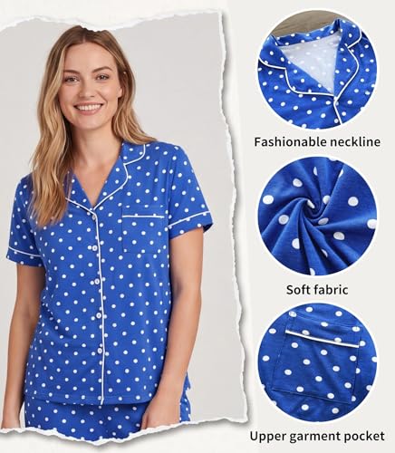 ENJOYNIGHT Womens Pajama Set Capri Short Sleeve Button Down Pj with Pocket - color: Blue Dot, size: XX-Large